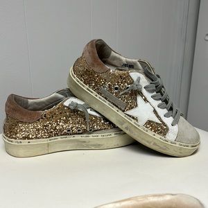 Golden Goose Hi Star distressed glittered leather and suede sneakers